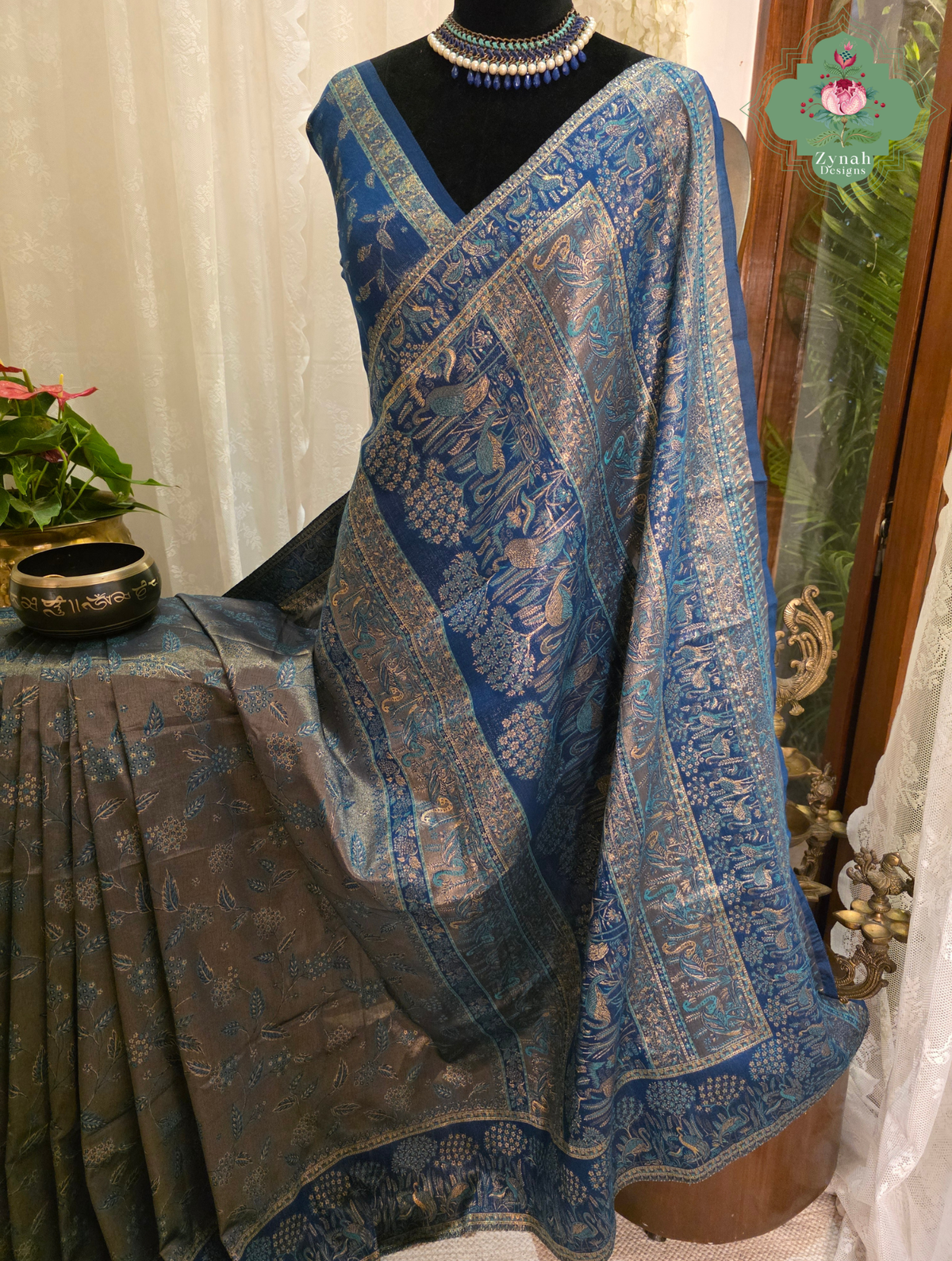 Zeba | Royal Blue & Antique Gold Kashmiri Pure Kani Tissue Silk Jamavar Weave Saree | Made To Order