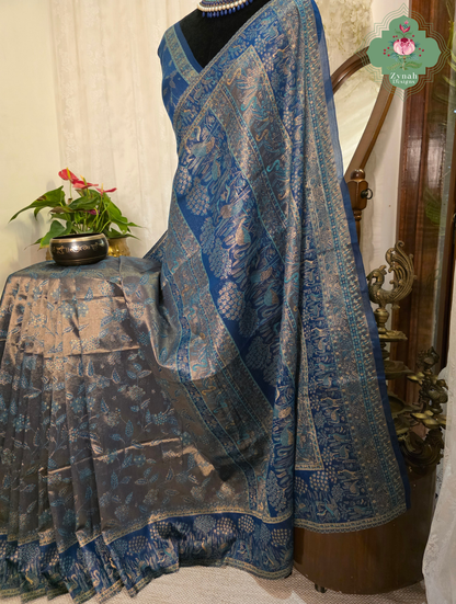 Zeba | Royal Blue & Antique Gold Kashmiri Pure Kani Tissue Silk Jamavar Weave Saree | Made To Order