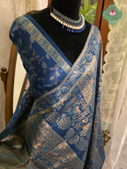 Zeba | Royal Blue & Antique Gold Kashmiri Pure Kani Tissue Silk Jamavar Weave Saree | Made To Order
