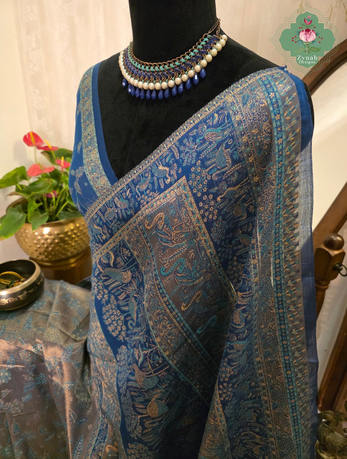 Zeba | Royal Blue & Antique Gold Kashmiri Pure Kani Tissue Silk Jamavar Weave Saree | Made To Order