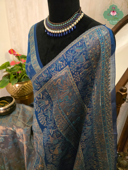 Zeba | Royal Blue & Antique Gold Kashmiri Pure Kani Tissue Silk Jamavar Weave Saree | Made To Order