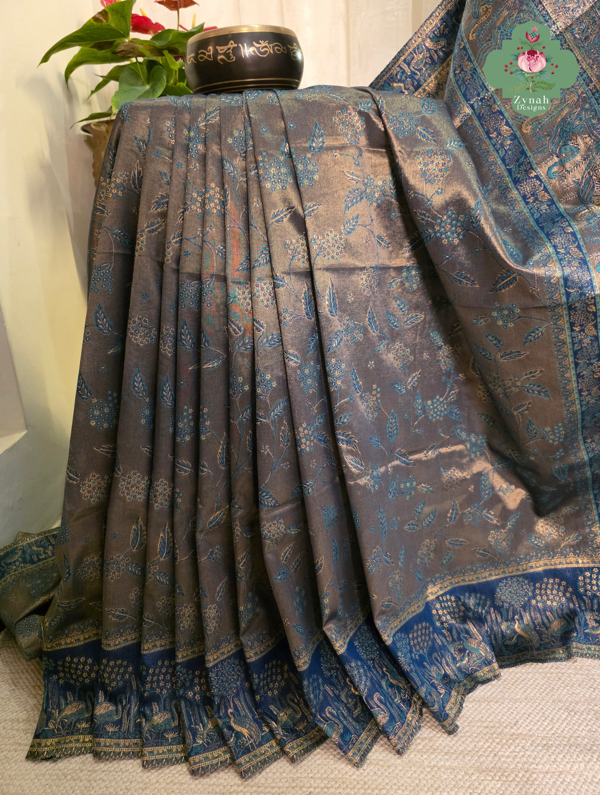 Zeba | Royal Blue & Antique Gold Kashmiri Pure Kani Tissue Silk Jamavar Weave Saree | Made To Order