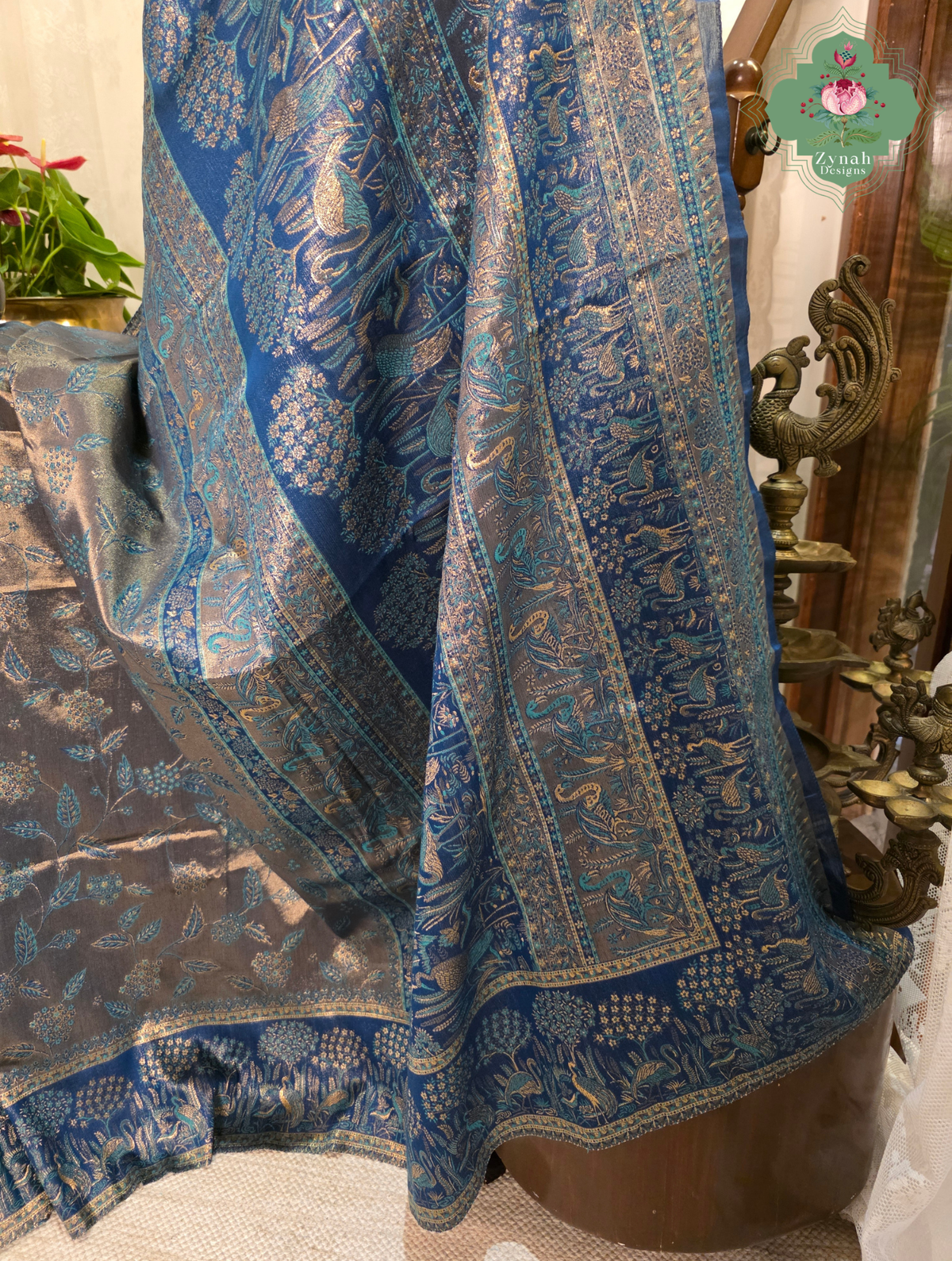 Zeba | Royal Blue & Antique Gold Kashmiri Pure Kani Tissue Silk Jamavar Weave Saree | Made To Order