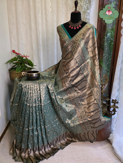 Zoon | Dusty Teal Blue & Antique Gold Kashmiri Pure Kani Tissue Silk Jamavar Weave Saree | Made To Order