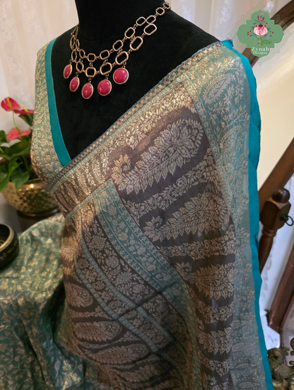 Zoon | Dusty Teal Blue & Antique Gold Kashmiri Pure Kani Tissue Silk Jamavar Weave Saree | Made To Order