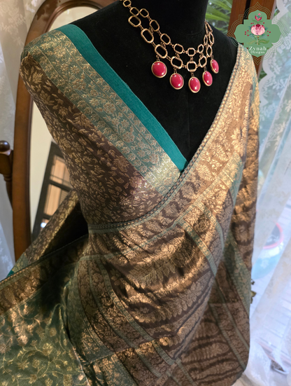 Zoon | Dusty Teal Blue & Antique Gold Kashmiri Pure Kani Tissue Silk Jamavar Weave Saree | Made To Order