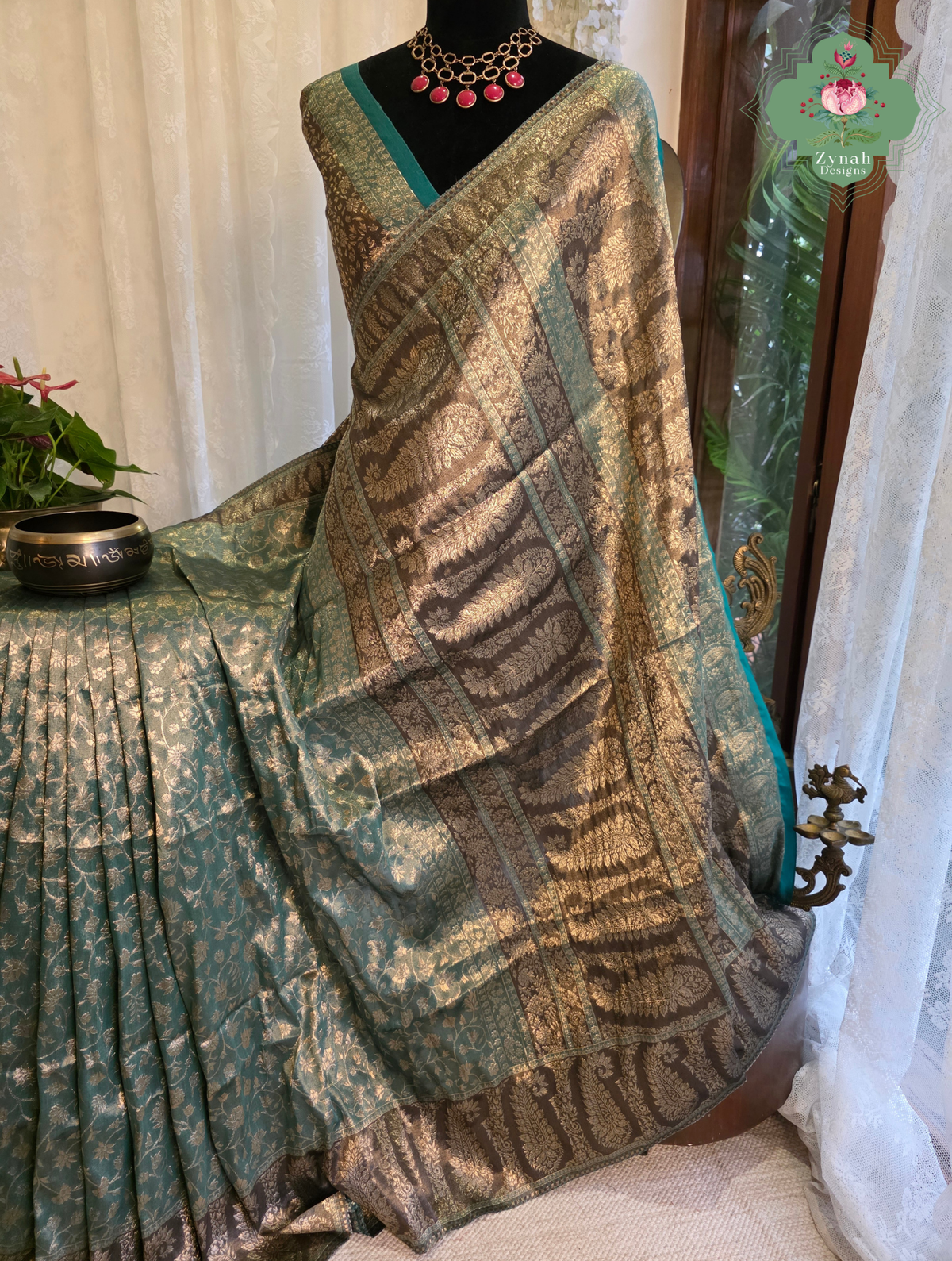 Zoon | Dusty Teal Blue & Antique Gold Kashmiri Pure Kani Tissue Silk Jamavar Weave Saree | Made To Order