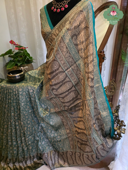 Zoon | Dusty Teal Blue & Antique Gold Kashmiri Pure Kani Tissue Silk Jamavar Weave Saree | Made To Order