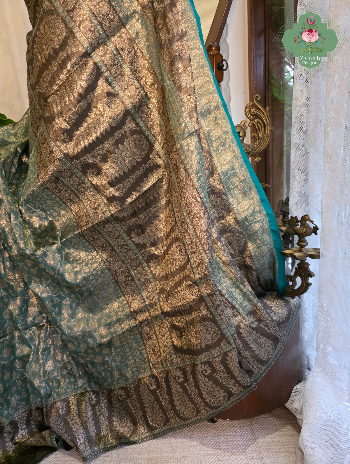 Zoon | Dusty Teal Blue & Antique Gold Kashmiri Pure Kani Tissue Silk Jamavar Weave Saree | Made To Order