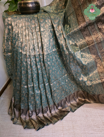 Zoon | Dusty Teal Blue & Antique Gold Kashmiri Pure Kani Tissue Silk Jamavar Weave Saree | Made To Order