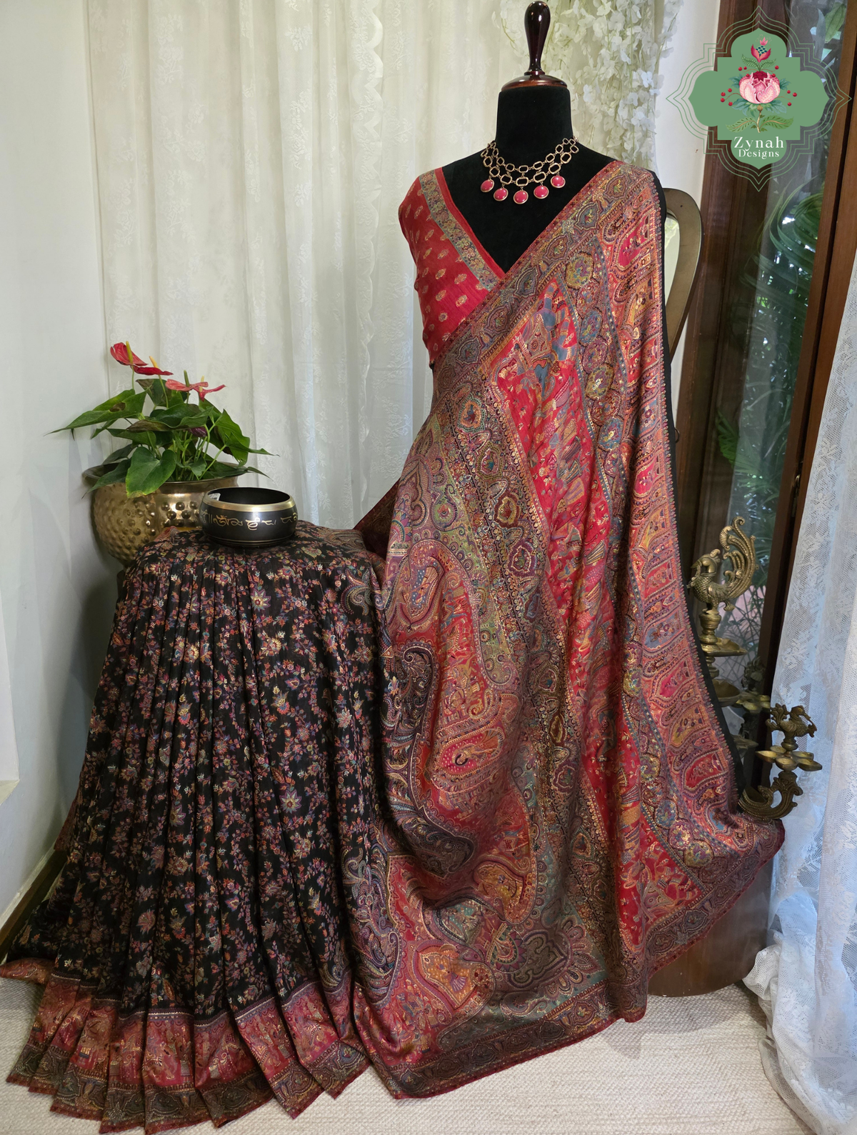Zooni | Black & Ruby Pink Kashmiri Pure Kani Silk Jamavar Weave Saree | Made To Order