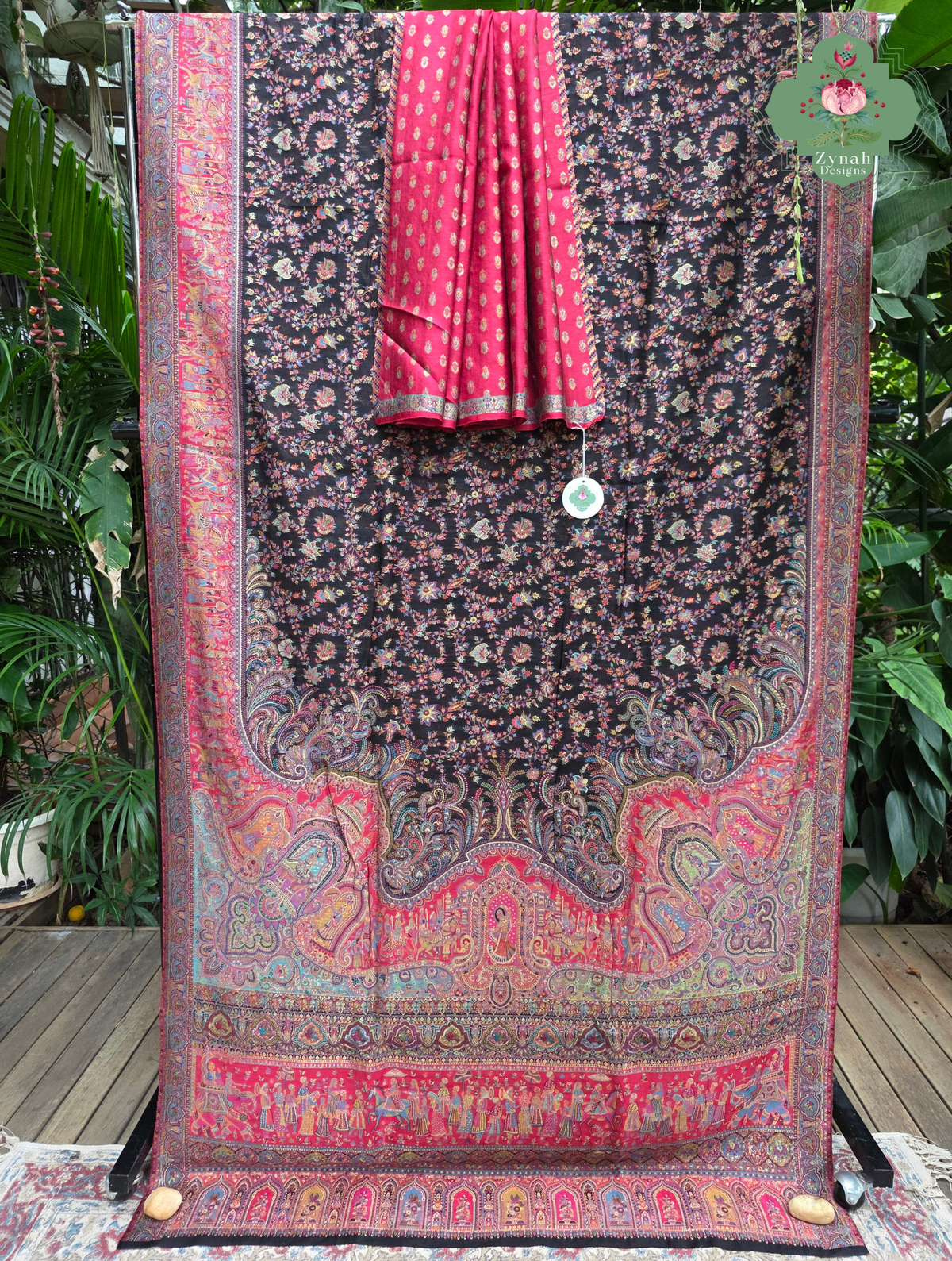 Zooni | Black & Ruby Pink Kashmiri Pure Kani Silk Jamavar Weave Saree | Made To Order