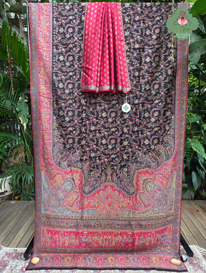 Zooni | Black & Ruby Pink Kashmiri Pure Kani Silk Jamavar Weave Saree | Made To Order