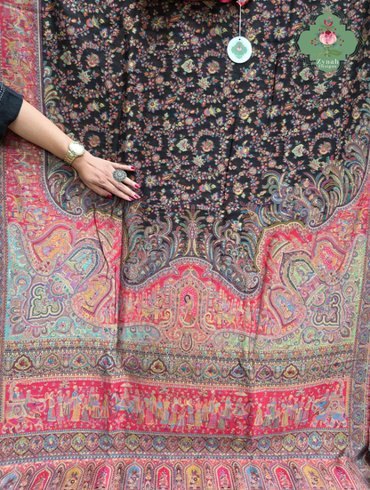 Zooni | Black & Ruby Pink Kashmiri Pure Kani Silk Jamavar Weave Saree | Made To Order