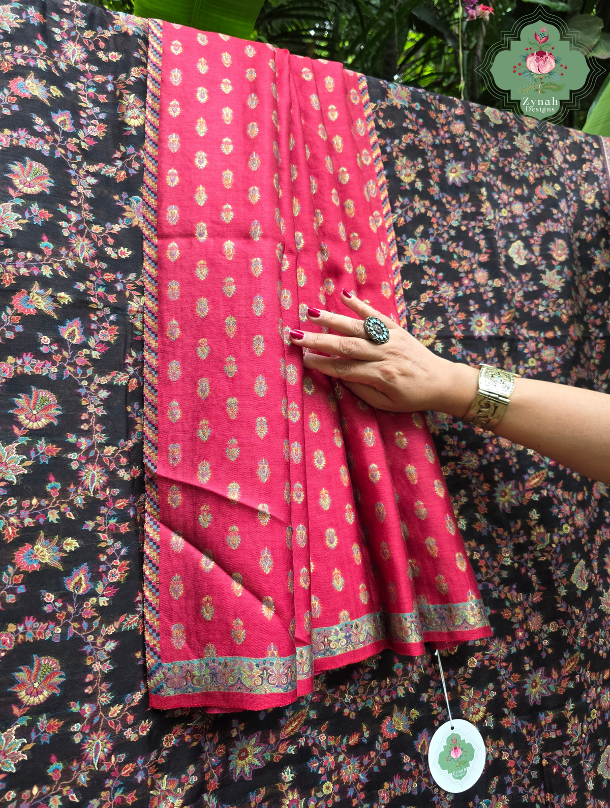 Zooni | Black & Ruby Pink Kashmiri Pure Kani Silk Jamavar Weave Saree | Made To Order