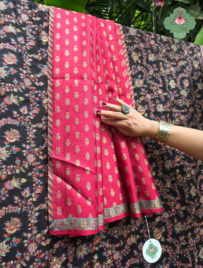 Zooni | Black & Ruby Pink Kashmiri Pure Kani Silk Jamavar Weave Saree | Made To Order