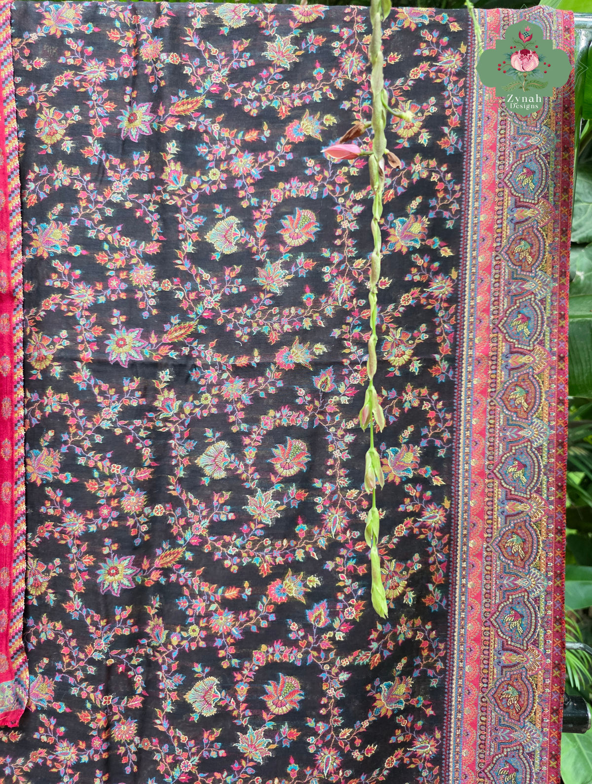 Zooni | Black & Ruby Pink Kashmiri Pure Kani Silk Jamavar Weave Saree | Made To Order