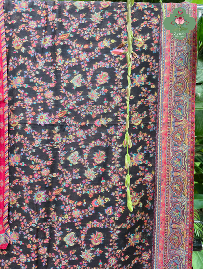 Zooni | Black & Ruby Pink Kashmiri Pure Kani Silk Jamavar Weave Saree | Made To Order