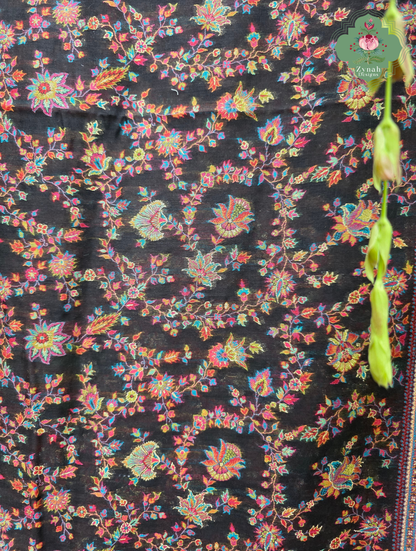 Zooni | Black & Ruby Pink Kashmiri Pure Kani Silk Jamavar Weave Saree | Made To Order