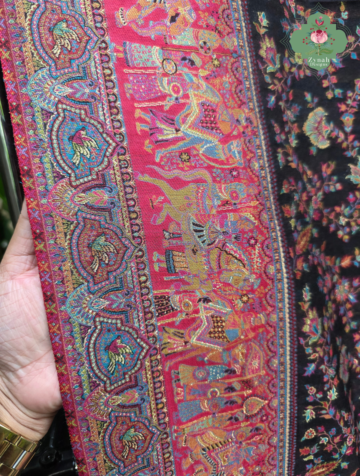 Zooni | Black & Ruby Pink Kashmiri Pure Kani Silk Jamavar Weave Saree | Made To Order