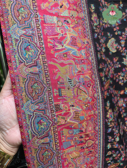 Zooni | Black & Ruby Pink Kashmiri Pure Kani Silk Jamavar Weave Saree | Made To Order