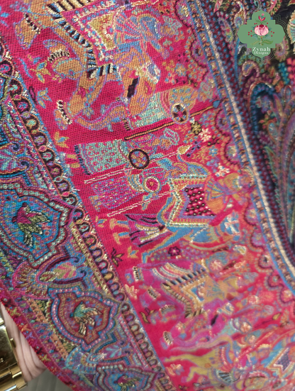 Zooni | Black & Ruby Pink Kashmiri Pure Kani Silk Jamavar Weave Saree | Made To Order