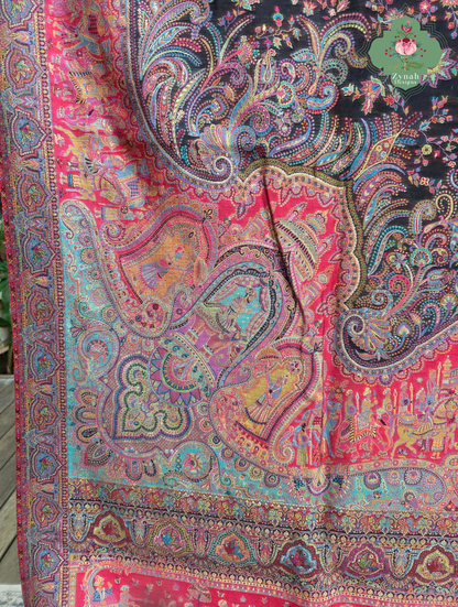 Zooni | Black & Ruby Pink Kashmiri Pure Kani Silk Jamavar Weave Saree | Made To Order