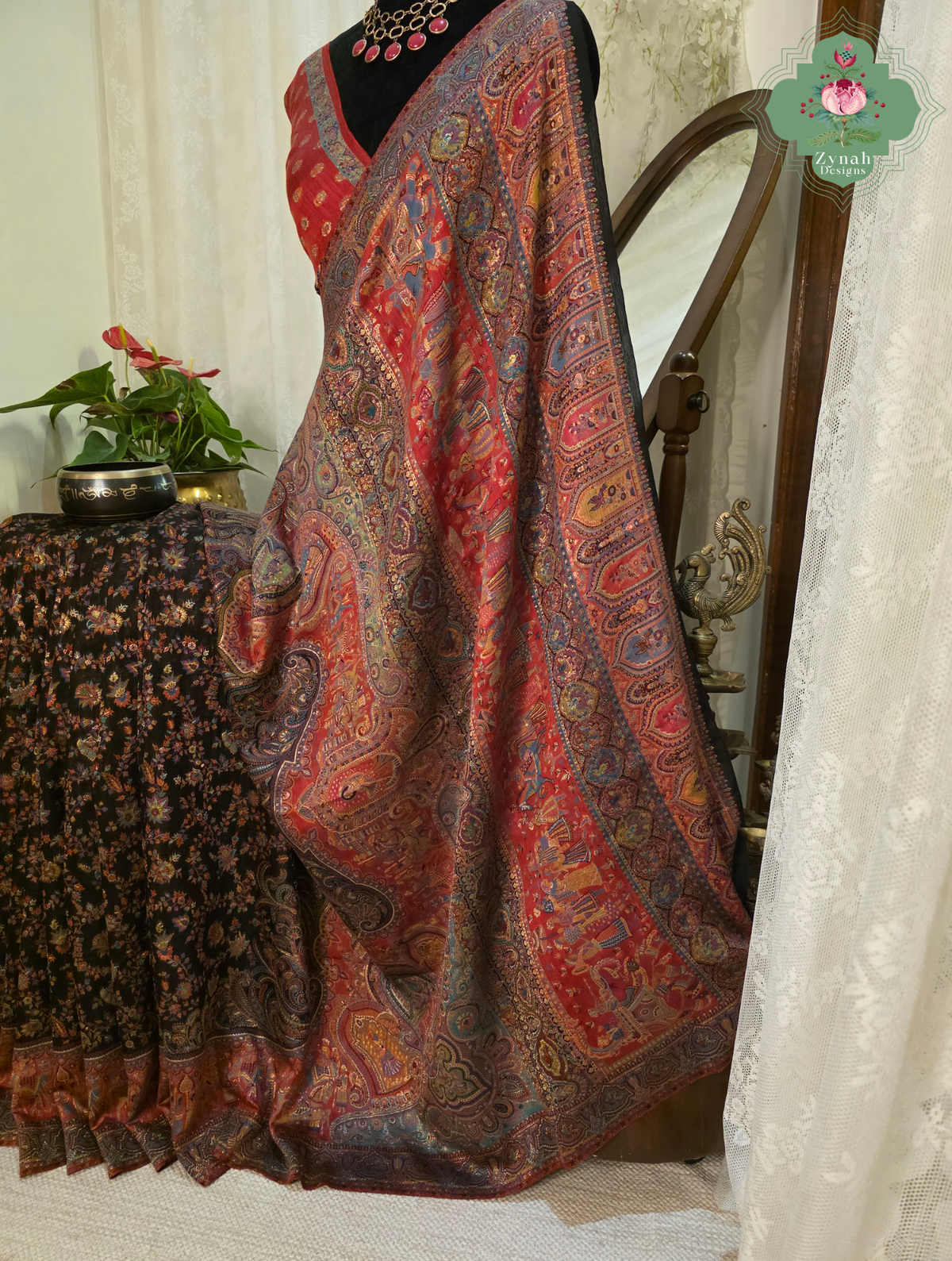 Zooni | Black & Ruby Pink Kashmiri Pure Kani Silk Jamavar Weave Saree | Made To Order