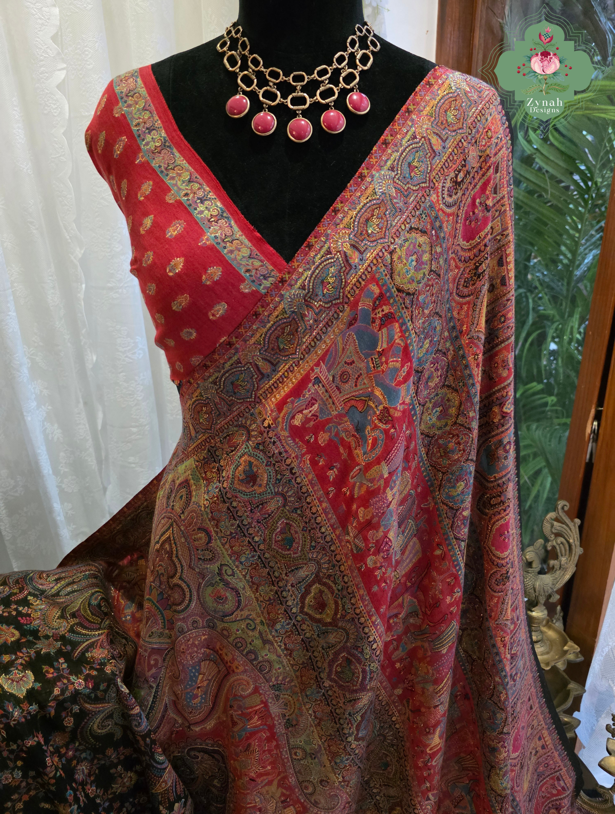 Zooni | Black & Ruby Pink Kashmiri Pure Kani Silk Jamavar Weave Saree | Made To Order