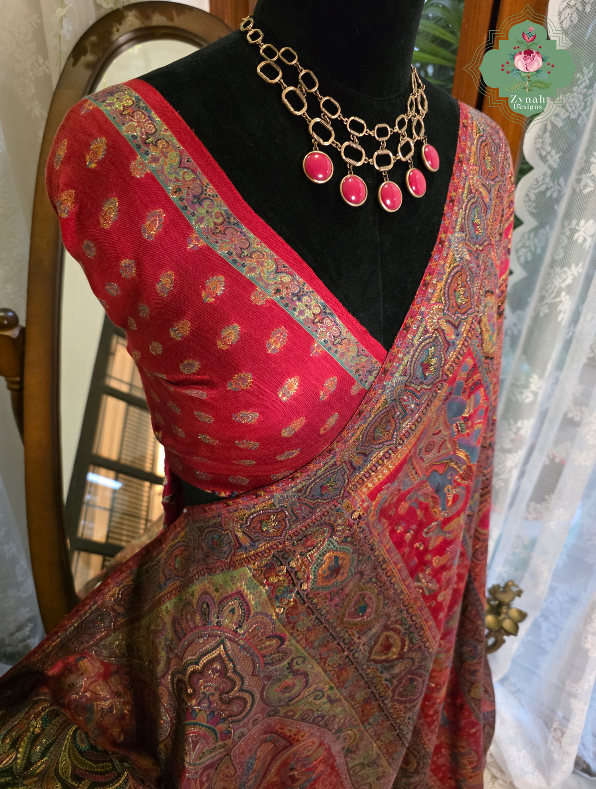 Zooni | Black & Ruby Pink Kashmiri Pure Kani Silk Jamavar Weave Saree | Made To Order