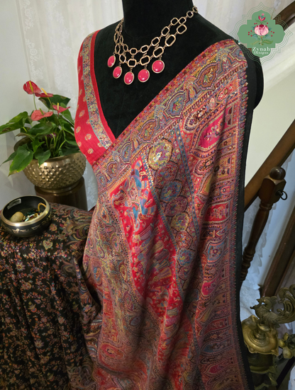 Zooni | Black & Ruby Pink Kashmiri Pure Kani Silk Jamavar Weave Saree | Made To Order