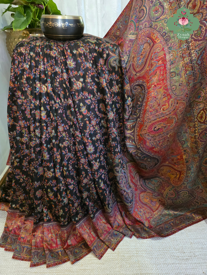 Zooni | Black & Ruby Pink Kashmiri Pure Kani Silk Jamavar Weave Saree | Made To Order