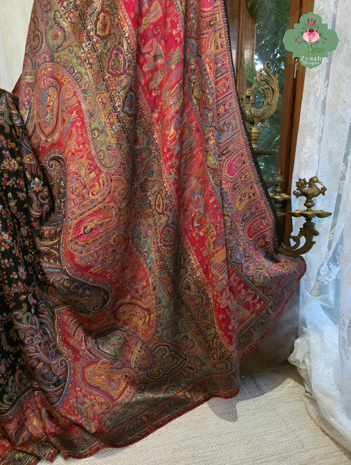 Zooni | Black & Ruby Pink Kashmiri Pure Kani Silk Jamavar Weave Saree | Made To Order