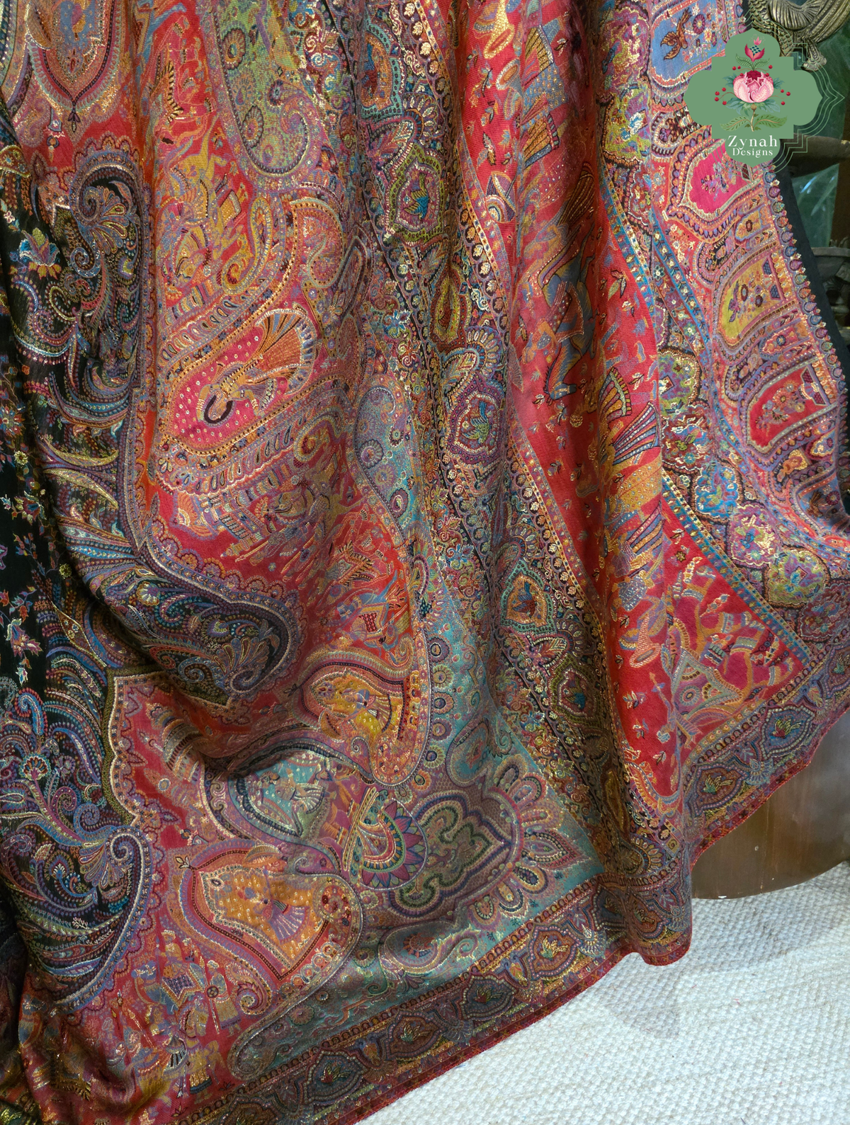 Zooni | Black & Ruby Pink Kashmiri Pure Kani Silk Jamavar Weave Saree | Made To Order