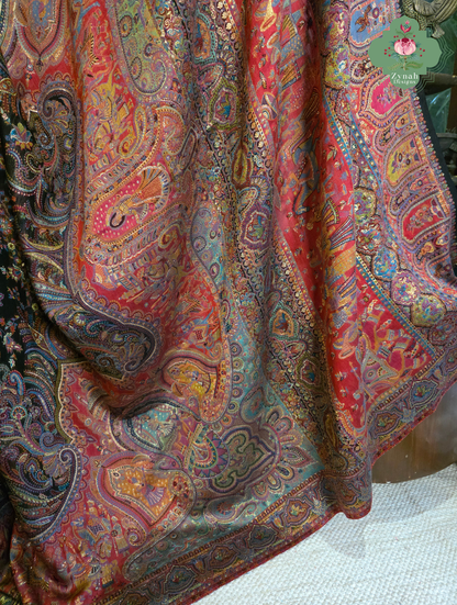 Zooni | Black & Ruby Pink Kashmiri Pure Kani Silk Jamavar Weave Saree | Made To Order