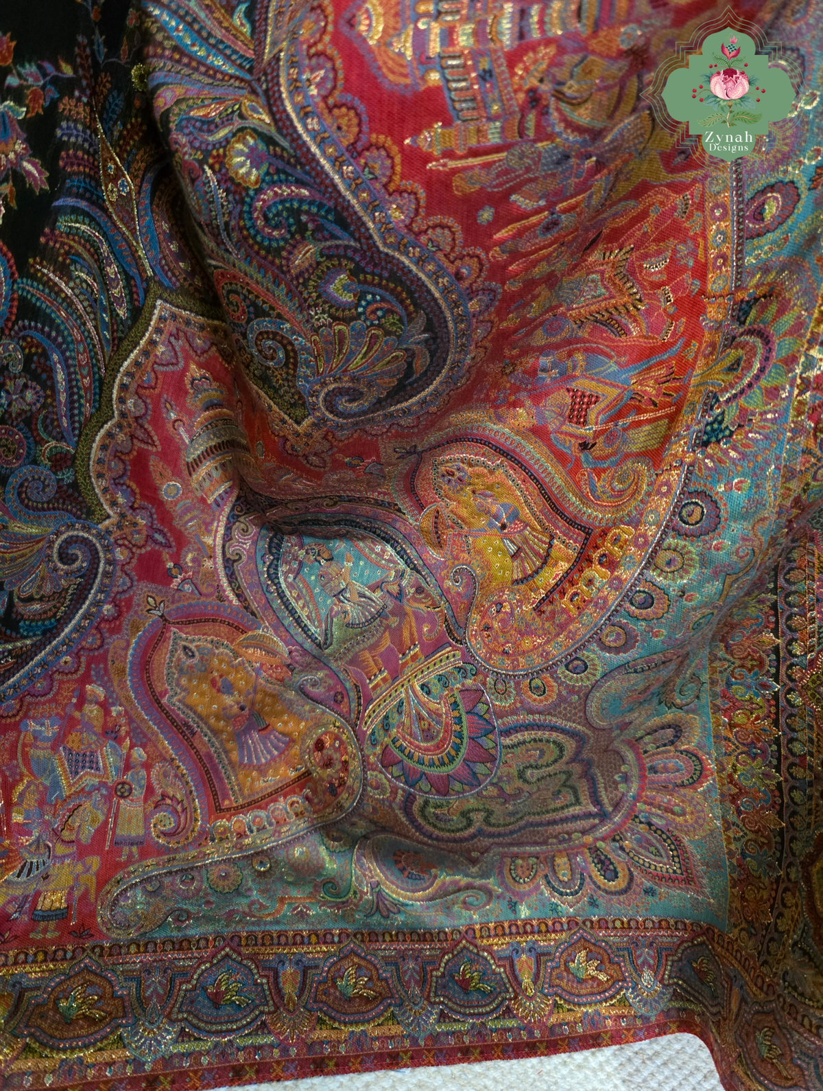 Zooni | Black & Ruby Pink Kashmiri Pure Kani Silk Jamavar Weave Saree | Made To Order