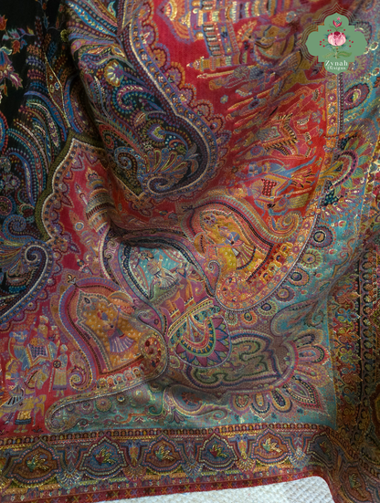 Zooni | Black & Ruby Pink Kashmiri Pure Kani Silk Jamavar Weave Saree | Made To Order