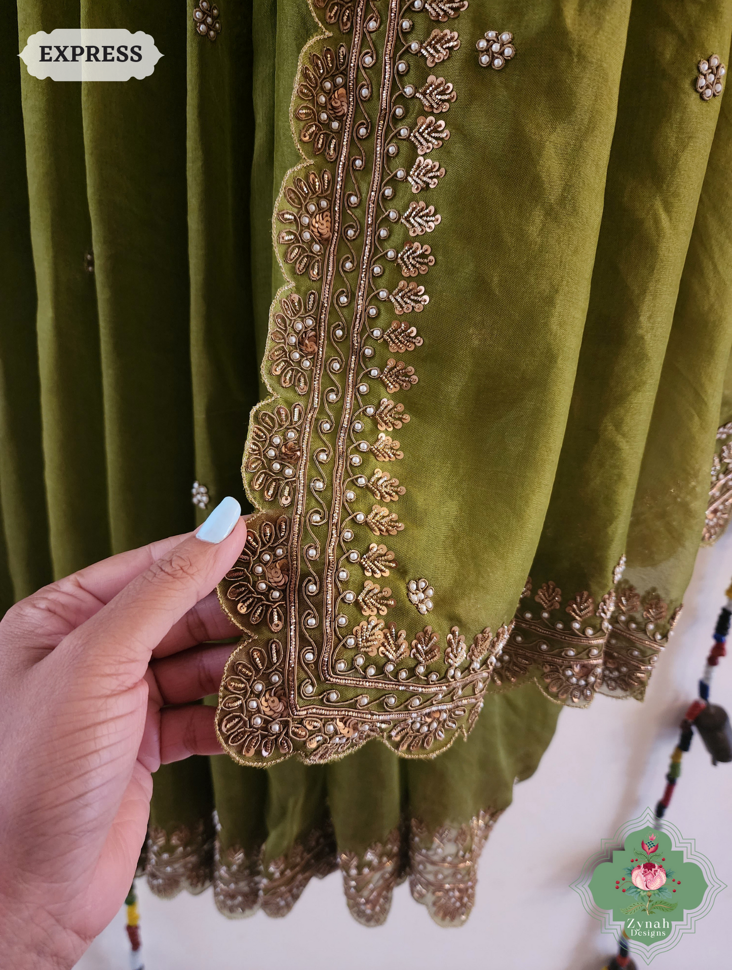 Zynah Mehendi Green Pure Organza Silk Saree with Zardozi, Pearl beads and Sequins Hand Embroidery; Custom Stitched/Ready-made Blouse, Fall, Petticoat; SKU: 1403202402
