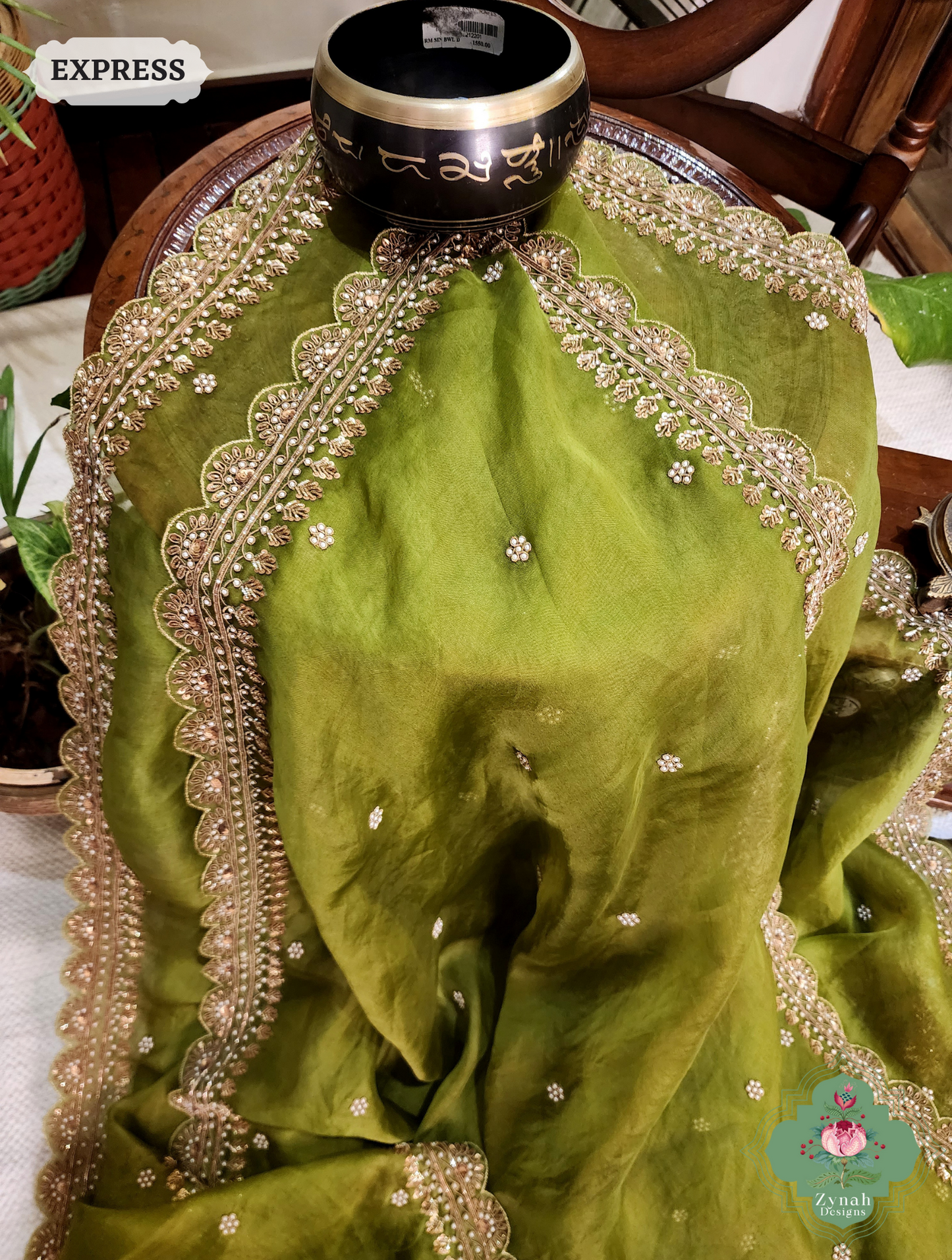 Zynah Mehendi Green Pure Organza Silk Saree with Zardozi, Pearl beads and Sequins Hand Embroidery; Custom Stitched/Ready-made Blouse, Fall, Petticoat; SKU: 1403202402