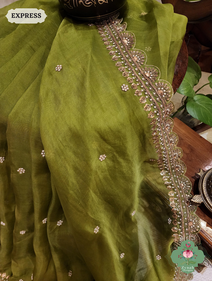 Zynah Mehendi Green Pure Organza Silk Saree with Zardozi, Pearl beads and Sequins Hand Embroidery; Custom Stitched/Ready-made Blouse, Fall, Petticoat; SKU: 1403202402