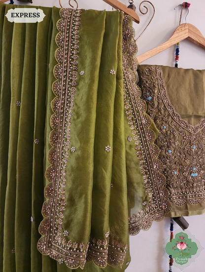 Zynah Mehendi Green Pure Organza Silk Saree with Zardozi, Pearl beads and Sequins Hand Embroidery; Custom Stitched/Ready-made Blouse, Fall, Petticoat; SKU: 1403202402