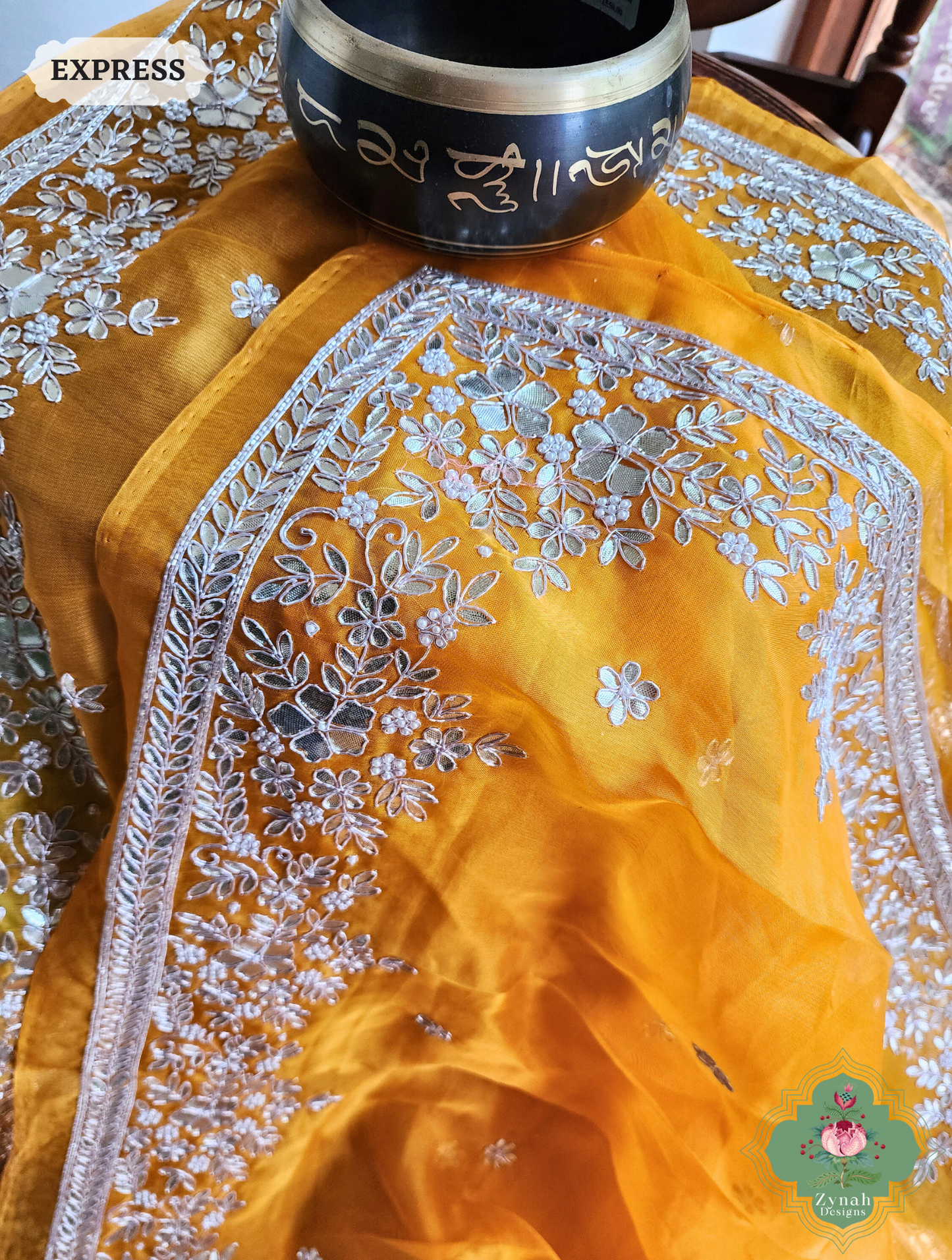 Zynah Golden Yellow Organza Silk Saree With Gota Patti & Pearl Hand Embroidery; Custom Stitched/Ready-made Blouse, Fall, Petticoat; SKU: 0708202401