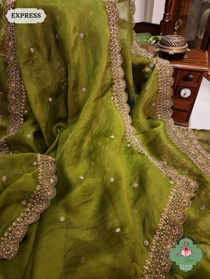 Zynah Mehendi Green Pure Organza Silk Saree with Zardozi, Pearl beads and Sequins Hand Embroidery; Custom Stitched/Ready-made Blouse, Fall, Petticoat; SKU: 1403202402
