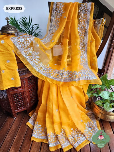 Zynah Golden Yellow Organza Silk Saree With Gota Patti & Pearl Hand Embroidery; Custom Stitched/Ready-made Blouse, Fall, Petticoat; SKU: 0708202401