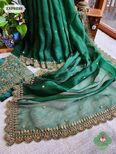 Zynah Bottle Green Organza Silk Saree With Zardozi & Maggam Hand Embroidery; Custom Stitched/Ready-made Blouse, Fall, Petticoat; SKU: 0708202402