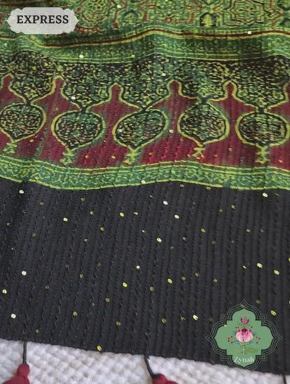Zynah Green Pure Georgette Silk Ajrakh Saree With Sequin Work; Custom Stitched/Ready-made Blouse, Fall, Petticoat; SKU: 2102202301