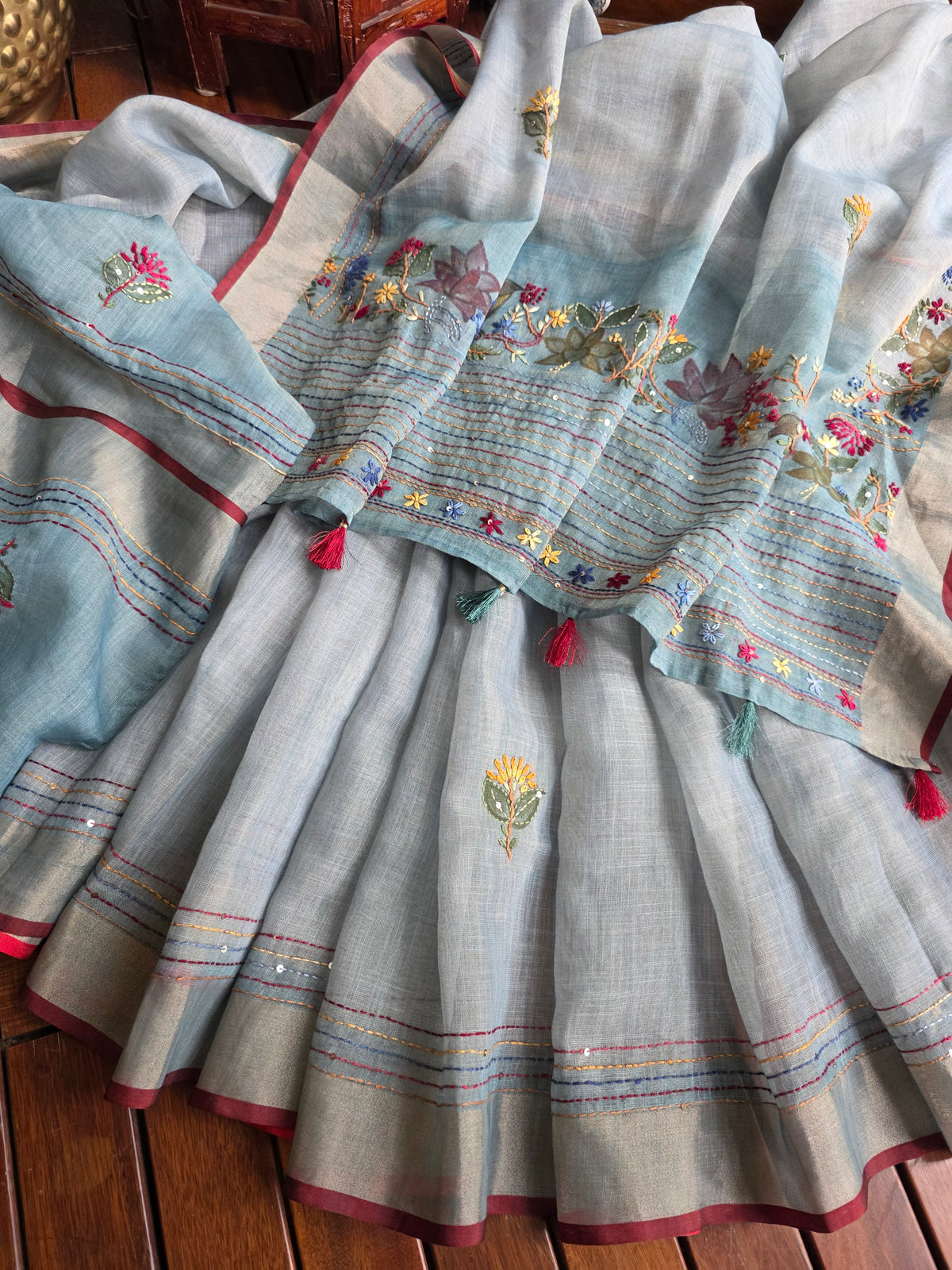 Ayra| Hand Painted Dusty Blue Linen Tissue Saree With Hand Embroidery