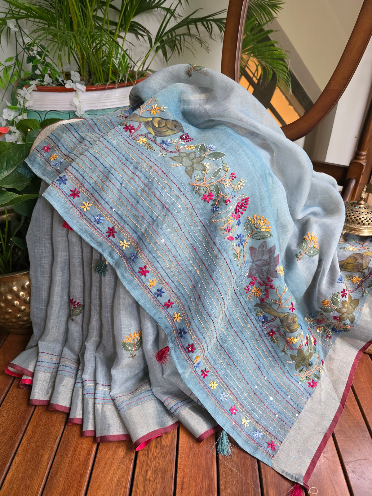 Ayra| Hand Painted Dusty Blue Linen Tissue Saree With Hand Embroidery