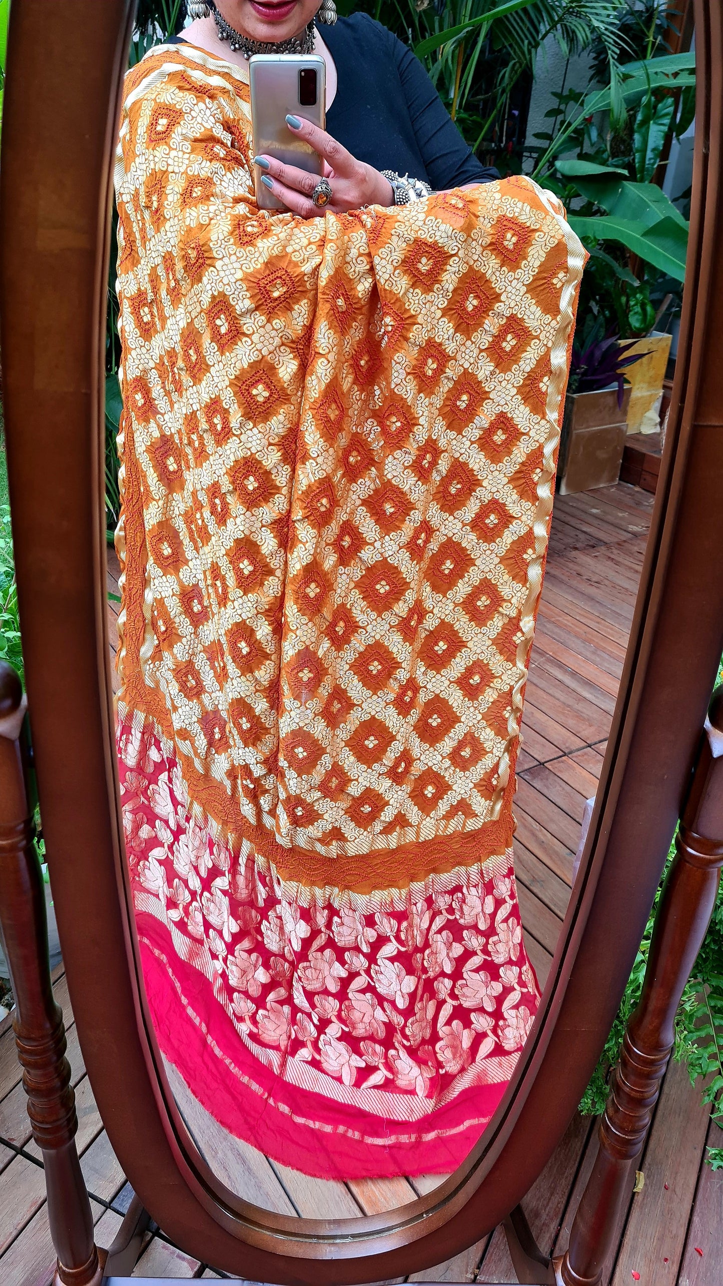 Zynah Pure Georgette Designer Bandhani Saree with Gharchola & Zari Weave; Custom Stitched/Ready-made Blouse, Fall, Petticoat; Shipping available USA, Worldwide