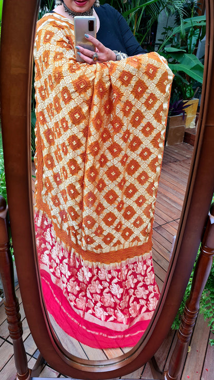 Zynah Pure Georgette Designer Bandhani Saree with Gharchola & Zari Weave; Custom Stitched/Ready-made Blouse, Fall, Petticoat; Shipping available USA, Worldwide